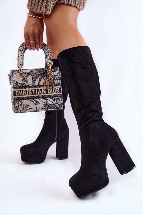 Zamszowe Kozaki Na Masywnym Obcasie I Platformie Czarne Nevira