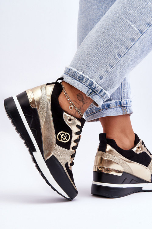 Damskie Sznurowane Buty Sportowe Na Koturnie Czarno-Złote Genova