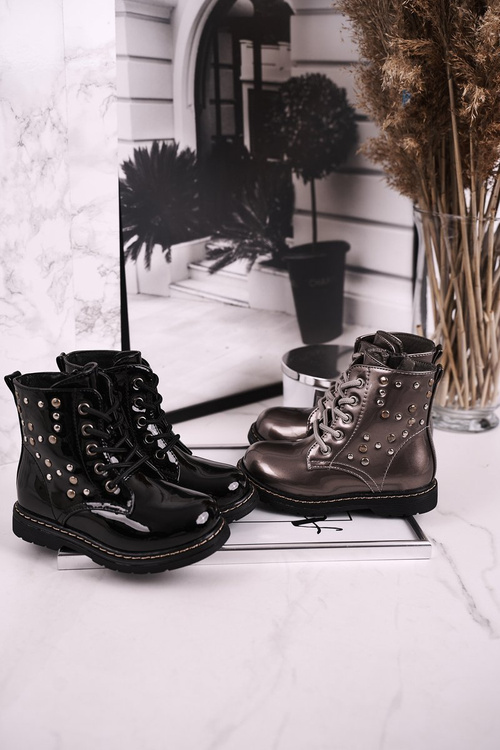 Dziecięce Ocieplane Botki z Dżetami Lakierowane Czarne Fame