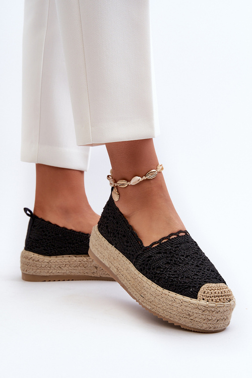 Espadryle Damskie Koronkowe Na Platformie Czarne Elarose