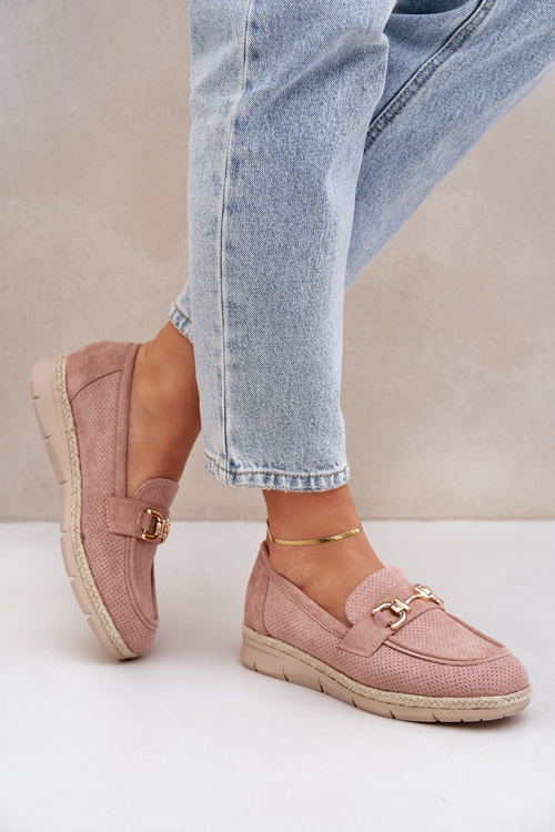 Ażurowe Mokasyny Ze Złotym Detalem I Jutową Plecionką Różowe Lainer