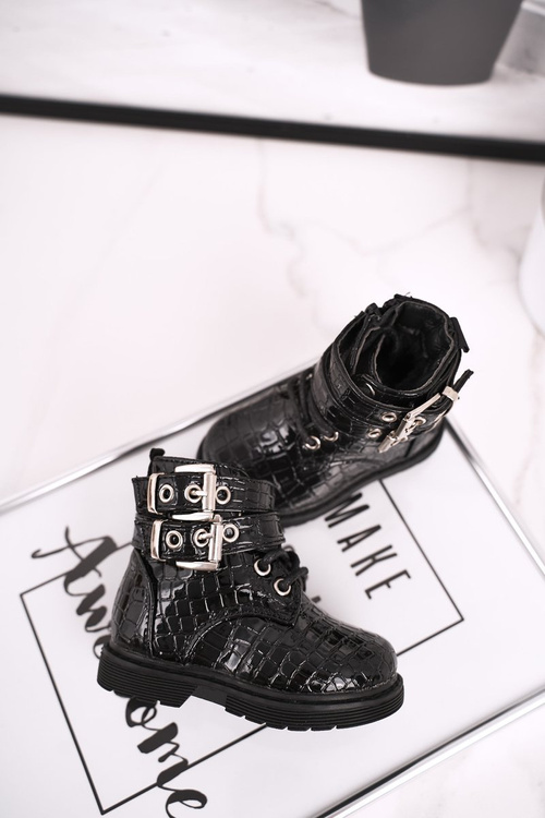 Dziecięce Botki Ocieplone Futerkiem Lakierowane Czarne Valentina