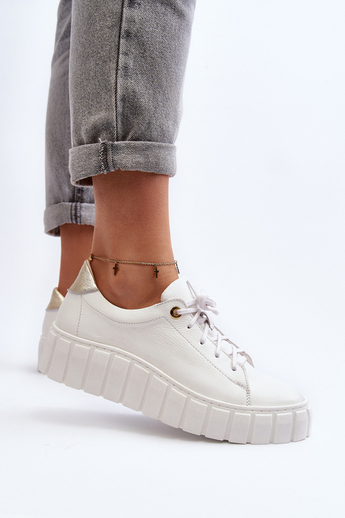 Zazoo 2919 Damskie Skórzane Półbuty Na Grubej Podeszwie Białe