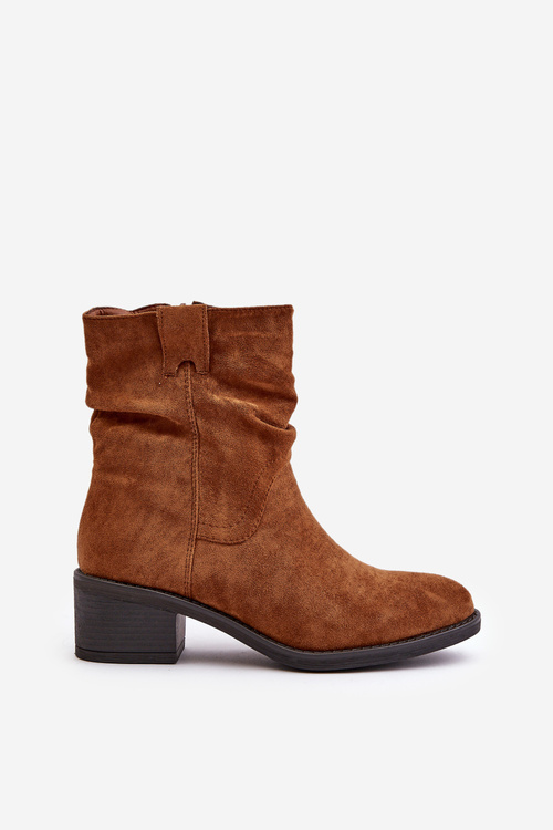 Ocieplane Botki Damskie Z Marszczoną Cholewką Na Niskim Obcasie Camel Zinanya