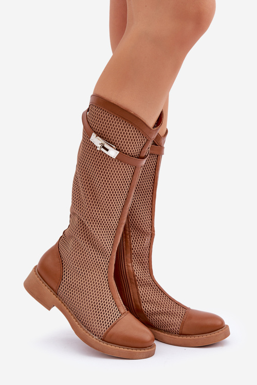 Siateczkowe Kozaki Na Płaskim Obcasie Do Połowy Łydki Brązowe Asgerda