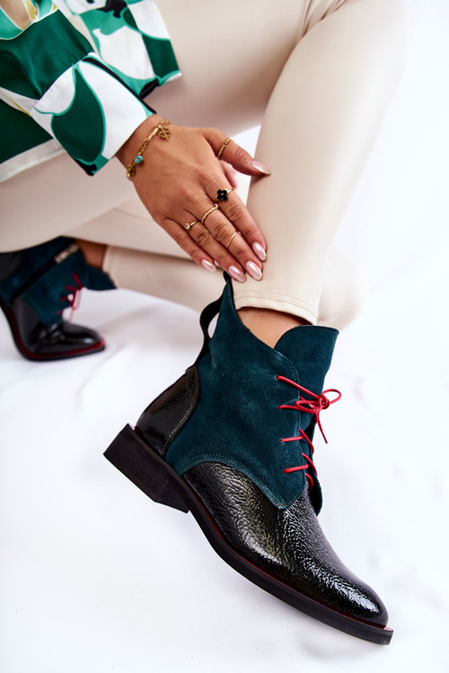 Skórzane Botki Zielono-Czarne Cheyenne