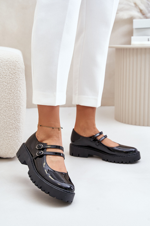 Lakierowane Damskie Półbuty Z Paskami Czarne Rialuna