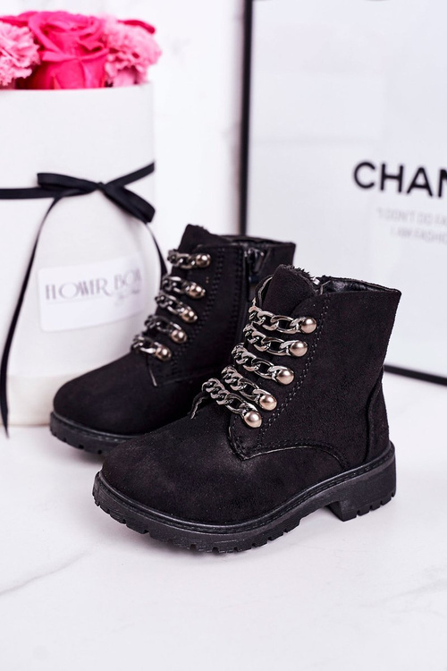 Dziecięce Ocieplane Traperki Eko Zamsz Łańcuch Czarne Rock&Roll