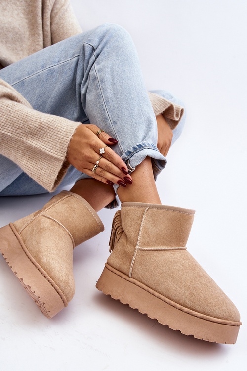 Damskie Śniegowce Na Masywnej Platformie Z Frędzlami Beżowe Lirico