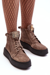 Sznurowane Botki Damskie Z Ozdobą Skórzane Ciemnobeżowe Nicole 2833 