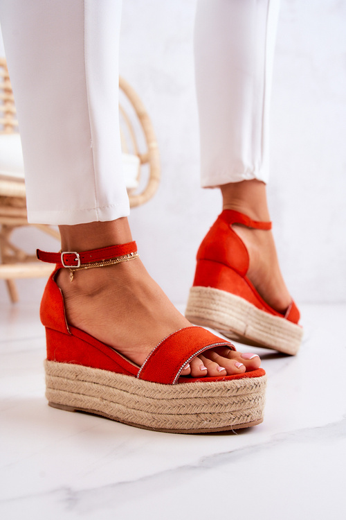 Damskie Sandały Na Koturnie Z Cyrkoniami Pomarańczowe Linette