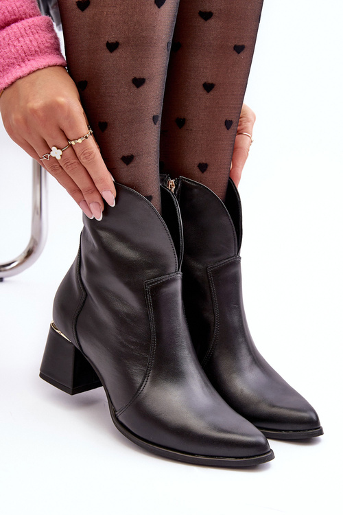 Skórzane Botki Kowbojki Damskie Na Obcasie Czarne Lewski 3166/B/2