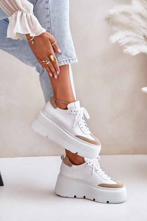 Skórzane Sneakersy Na Masywnej Platformie Lewski 3635/X Biało-Beżowe