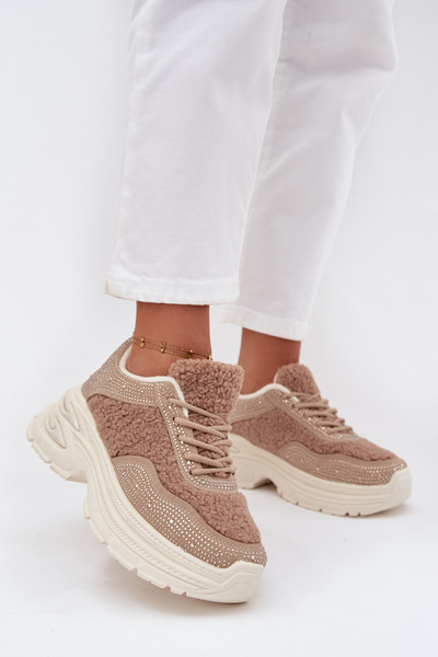 Sneakersy Damskie Z Cyrkoniami I Futerkiem Typu Baranek Beżowe Zarika