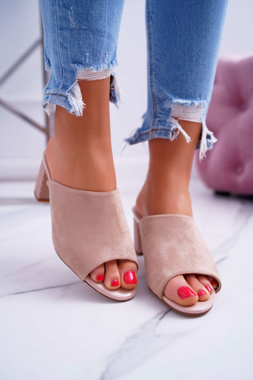 Klapki Damskie Eleganckie Na Słupku Sergio Leone KL315 Beżowe Demilo