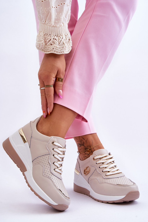 Damskie Skórzane Buty Sportowe Na Koturnie Beżowe Rebeca