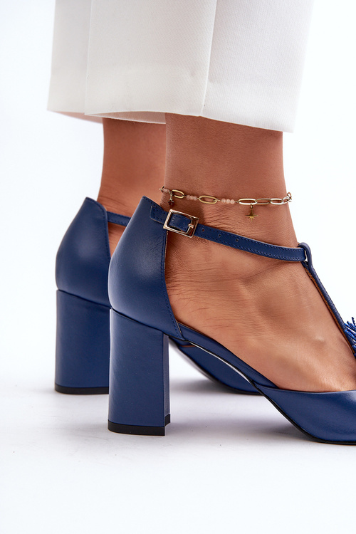 Sandały Skórzane Na Słupku Z Ozdobą Laura Messi 2758 Granatowe