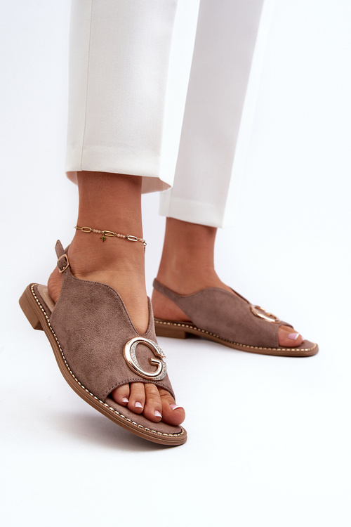 Eleganckie Sandały Damskie Z Ozdobą Eko Zamszowe S.Barski KV27-058 Brązowe