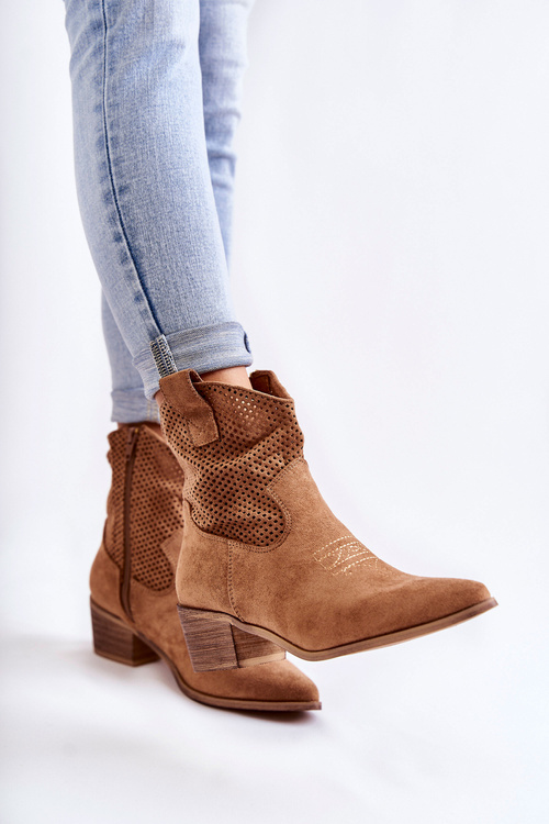 Zamszowe Ażurowe Botki Kowbojki Z Przeszyciem Camel Elvire