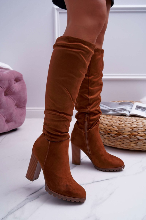 Kozaki Damskie Na Słupku Zamszowe Camel Marion