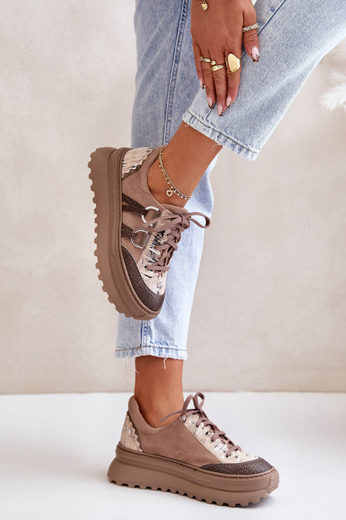 Skórzane Sneakersy Damskie Na Platformie Maciejka 06562-10 Ciemnobeżowe