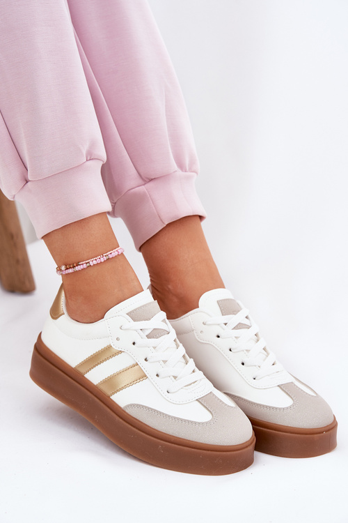 Sneakersy Damskie Na Platformie Z Eko Skóry Biało-Złote Elaraven