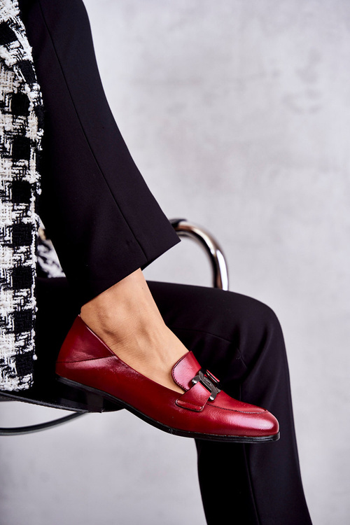 Modne Skórzane Półbuty Loafery Bordowe Trine