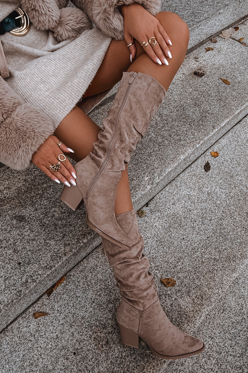 Kozaki Damskie Z Marszczoną Cholewką Na Słupku Ocieplane Beżowe Paelina 