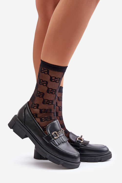 Mokasyny Damskie Z Ozdobą Eko Skórzane Czarne Tialorae