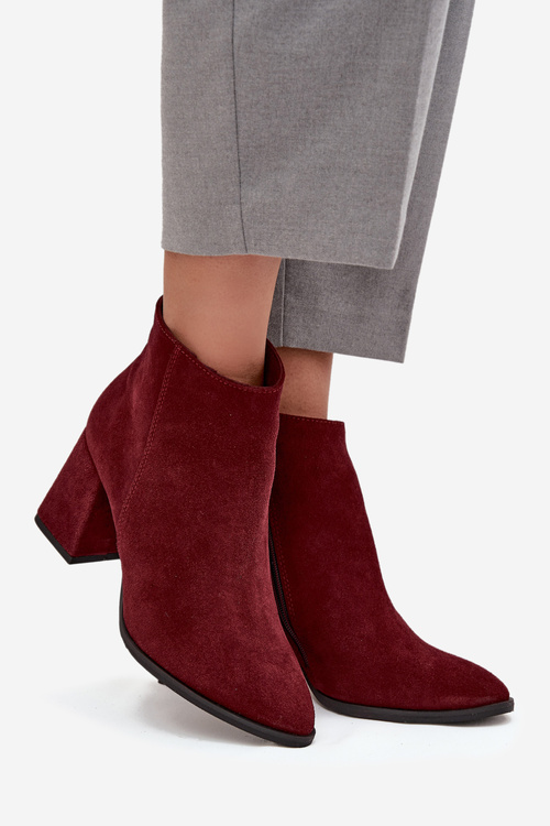 Botki Z Naturalnego Zamszu Obcas Słupek Ocieplane Bordowe Zazoo 3128