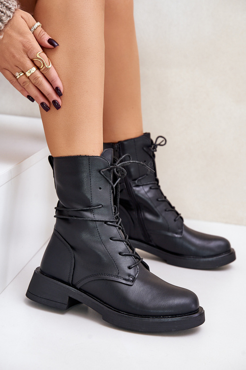 Ocieplane Botki Workery Damskie Eko Skórzane Czarne Ellittia