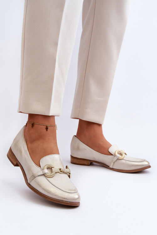 Zazoo 2880 Damskie Mokasyny Skórzane Z Ozdobą Złote