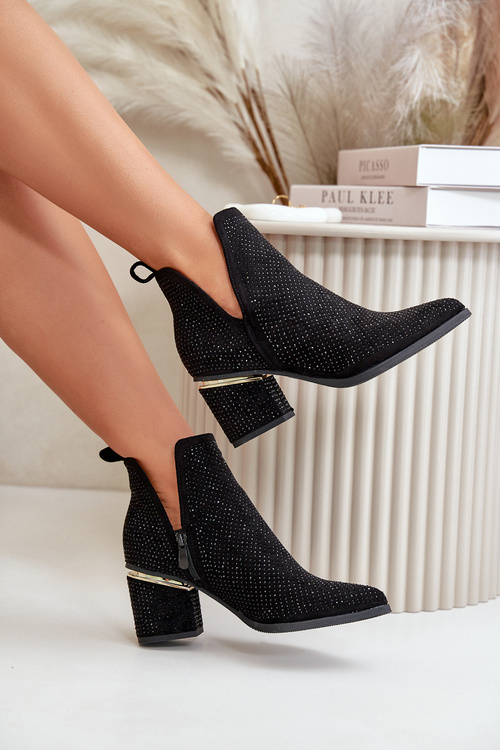 Zdobione Botki Damskie Na Obcasie Z Noskami W Szpic Czarne Fararia