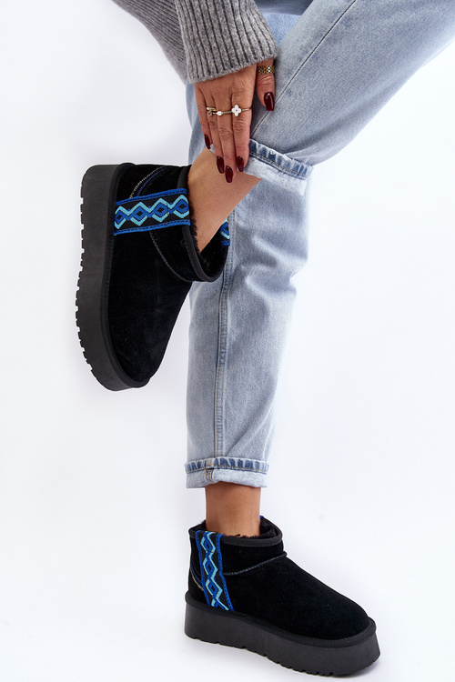 Skórzane Zamszowe Śniegowce Damskie Na Grubej Podeszwie Czarne Vebissat