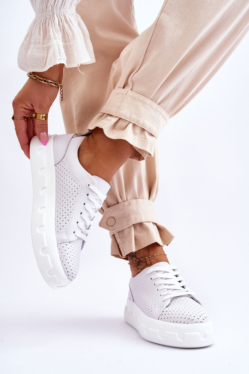 Skórzane Buty Sportowe Na Masywnej Platformie Białe Montigo