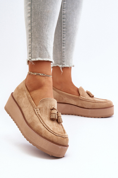 Mokasyny Damskie Na Platformie Z Frędzlami Brązowe Mialani