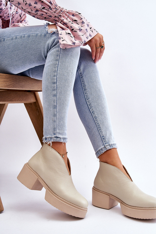 Skórzane Botki Na Masywnym Obcasie Nicole 2795/054 Jasnobeżowe