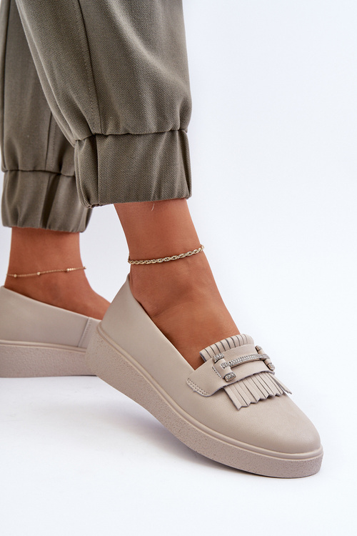 Lekkie Mokasyny Damskie Skórzane Na Platformie Beżowe S.Barski LR590