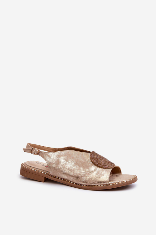 Sandały Damskie Z Ozdobą Na Płaskim Obcasie S.Barski KV24-057 Złote