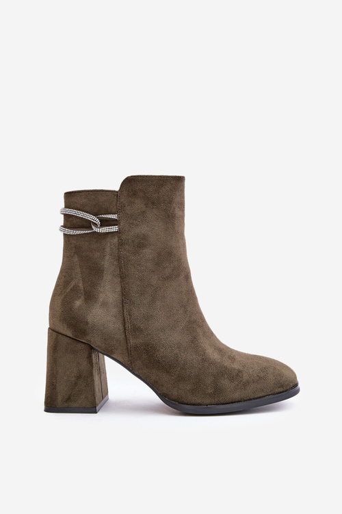 Ocieplane Botki Damskie Na Słupku Eko Zamszowe Ciemnozielone Saivia