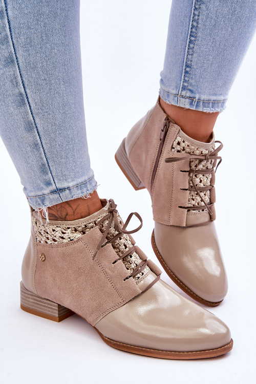 Skórzane Sznurowane Botki Maciejka 05953-04 Beżowe