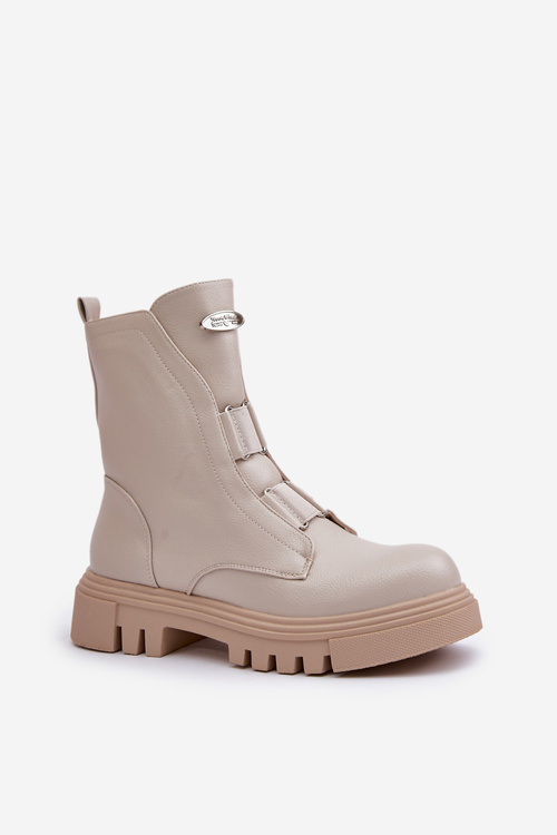 Ocieplane Botki Workery Damskie Na Zamek Eko Skórzane Jasnobeżowe Mailyra