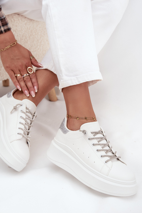 Sneakersy Damskie Na Platformie Z Ozdobnym Sznurowaniem I Brokatem Białe Belmira
