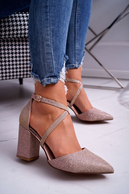 Czółenka Damskie Na Słupku Brokatowe Champagne Trever