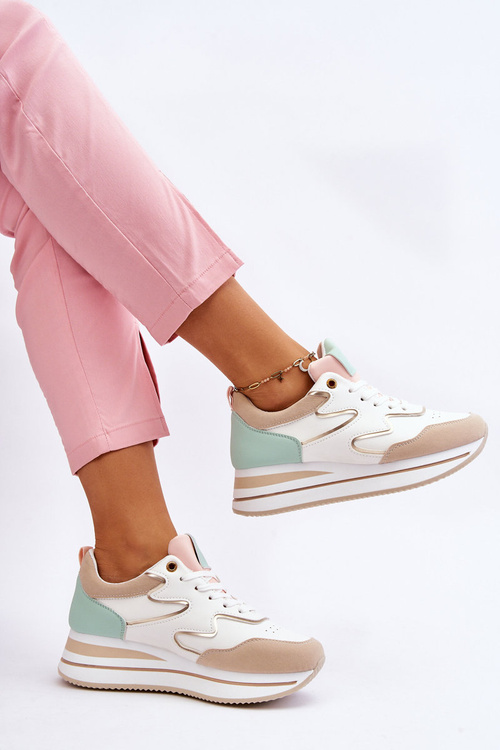 Modne Skórzane Buty Sportowe Biało-Beżowe Roen