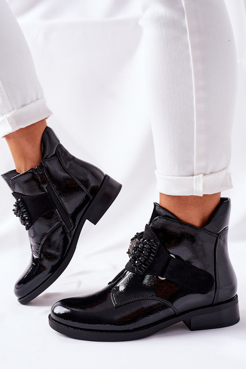 Botki Damskie Lakierowane Czarne Kryształy Schuler