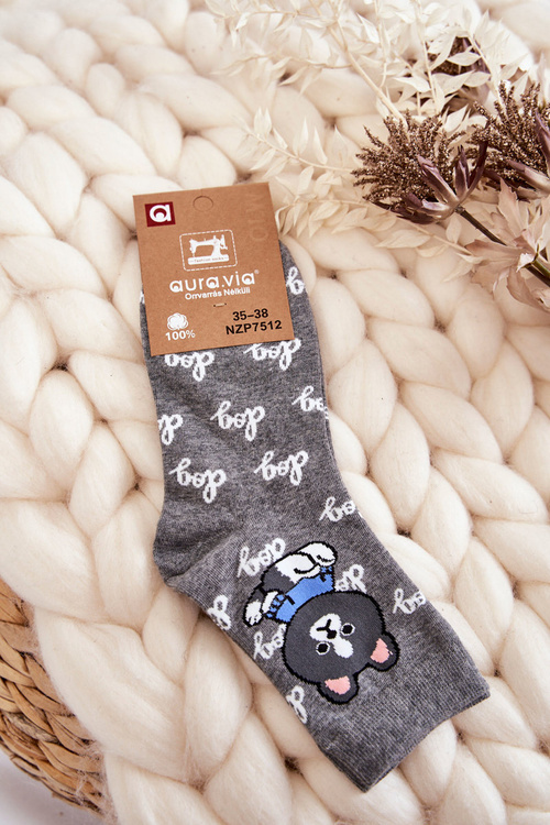 Damskie Bawełniane Skarpetki Piesek Ciemnoszare