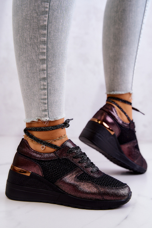 Skórzane Sneakersy Na Koturnie Z Siateczką S.Barski Czarne