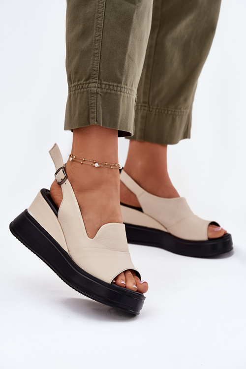 Skórzane Damskie Sandały Na Koturnie Artiker 54C0401 Beżowe