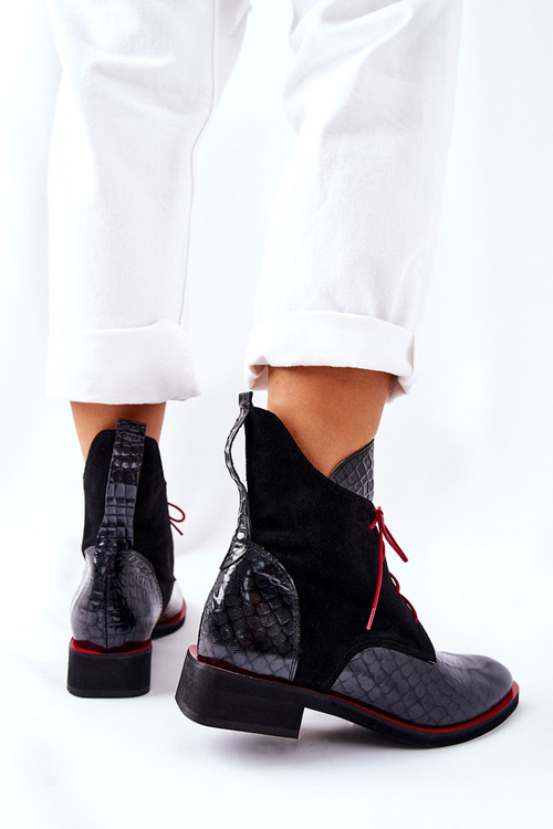 Skórzane Botki Wzór Aligatora Czarne Laorelia